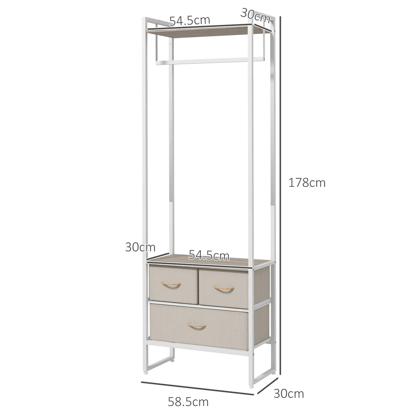 HOMCOM Garderobenständer für Flur mit 3 Stoffschubladen, Kleiderstange und Ablage für Flur, Schlafzimmer, Wohnzimmer 58,5x30x178 cm Natur
