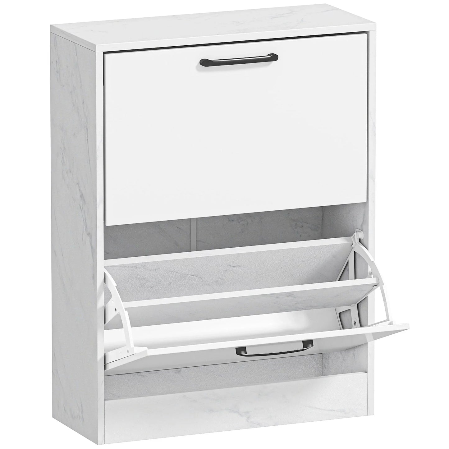 HOMCOM schmaler Schuhschrank mit 2 Hochglanz‑Klapptüren, verstellbaren Einlegeböden, Marmor‑Design, für bis zu 8 Paar – Weiß (60 x 24 x 80 cm)