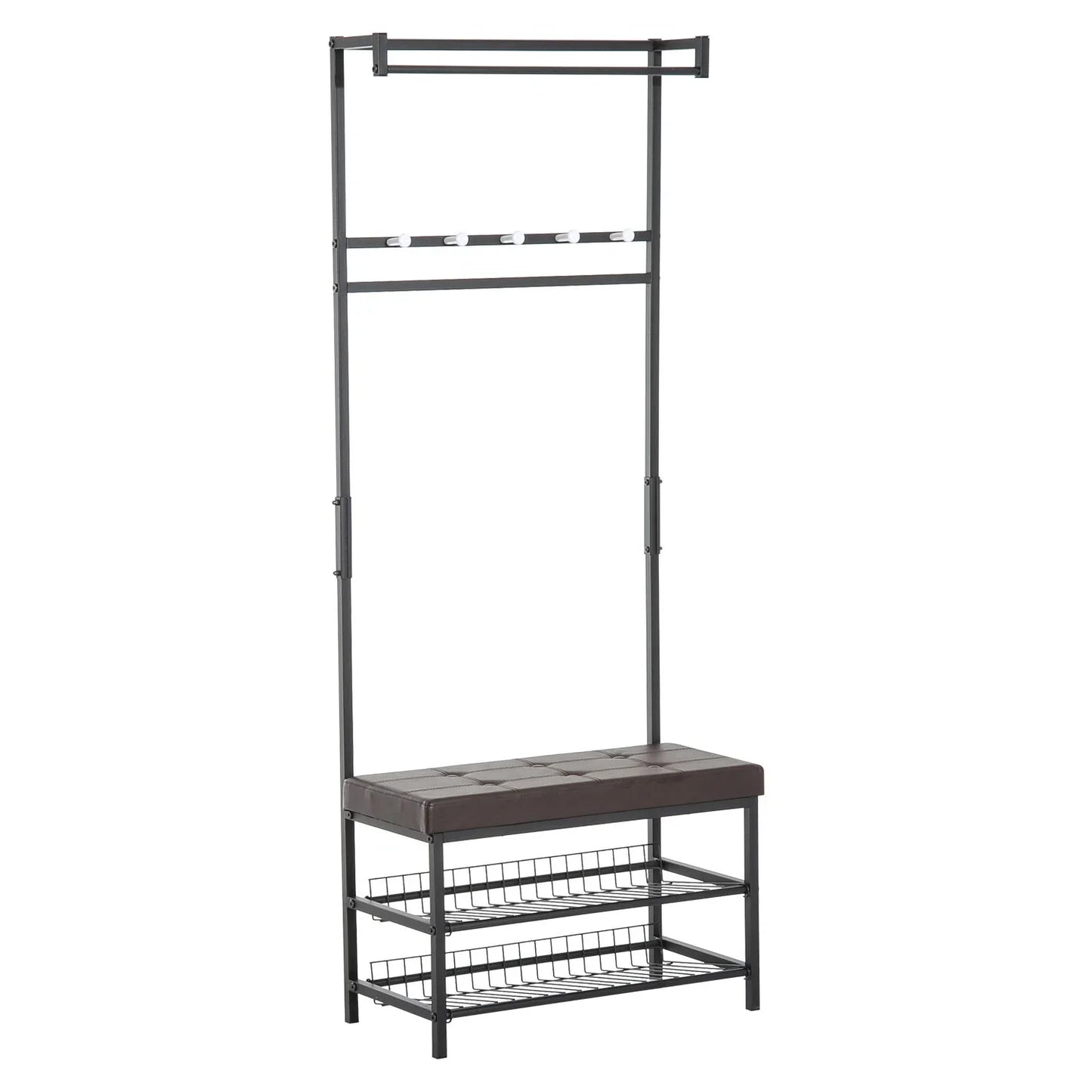 HOMCOM Kleiderständer mit 5 Haken und Schuhbank mit 2 Ebenen, Metallkleiderständer für Flur, Schlafzimmer, 72,5 x 35 x 180 cm