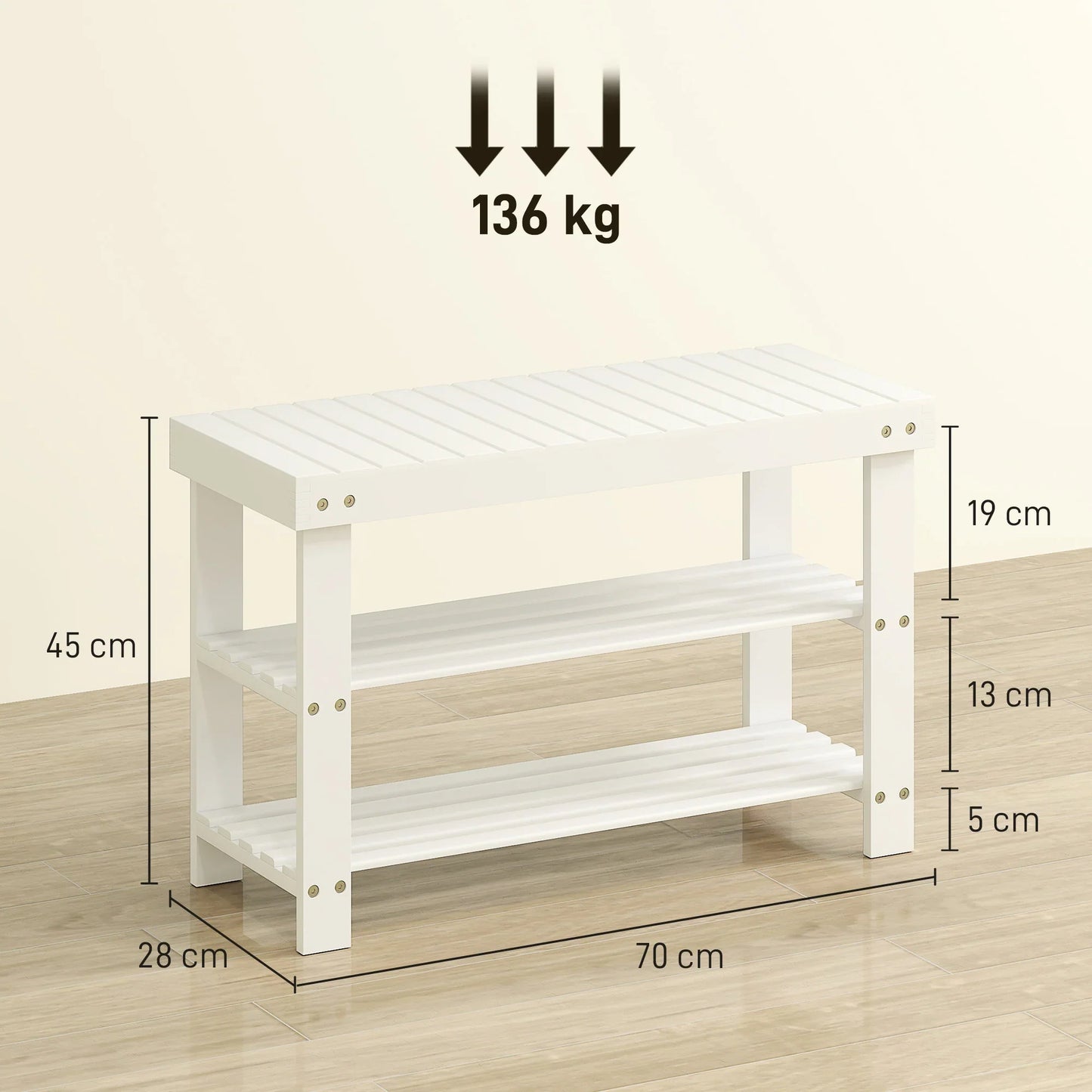 HOMCOM Bambus Schuhbank mit Sitz Schuhregal 3-stufiger Schuhorganizer für 6 Paar Schuhe für Flur Wohnzimmer Schlafzimmer 70x28x45 cm Weiß