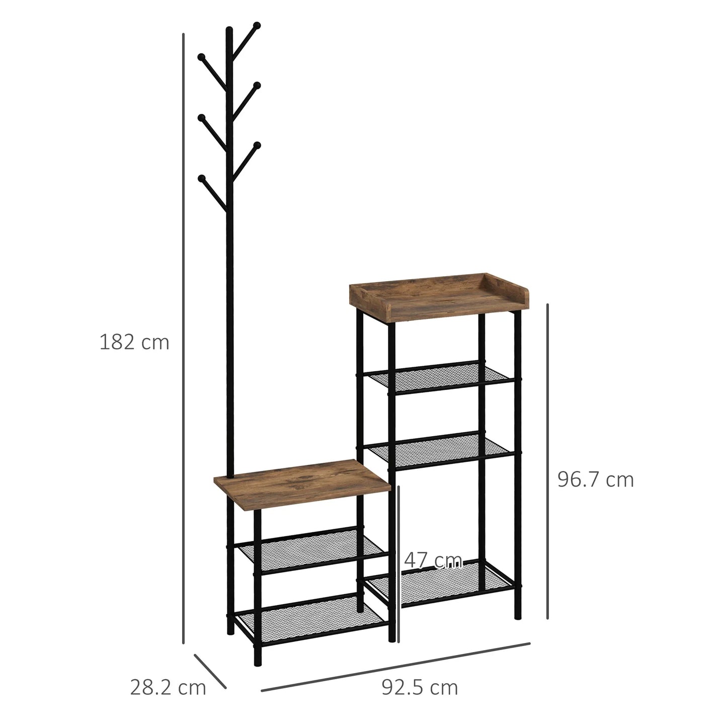 HOMCOM Garderobenständer mit Schuhregal und 5 Regalen - Garderobenständer mit 6 Haken zum Aufhängen von Taschen und Kleidung im Industrie-Design 92,5x28,2x182 cm Rustikal Braun