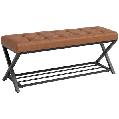 HOMCOM Schuhbank mit gepolstertem Sitz, Schuhregal, Industrial X-Rahmen aus Stahl, PU-Leder, belastbar bis 220 kg, 112 x 37 x 47 cm, Braun