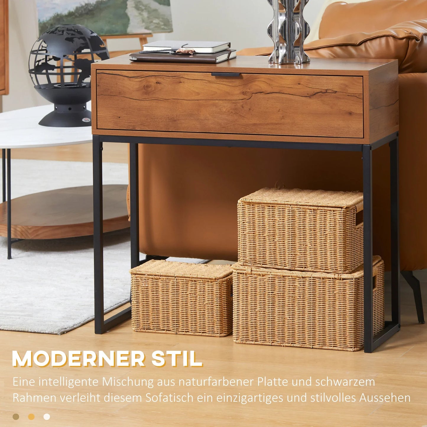 HOMCOM Konsolentisch mit Stauraum, Sofatisch im Industriedesign, Seitentisch für Flur, Wohnzimmer, Diele, Stahl, Braun, 80 x 30 x 76 cm