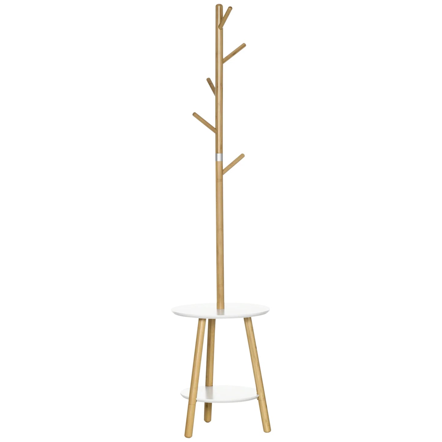 HOMCOM 2-in-1 Bambus Kleiderständer Baum mit 2 Ablagen und 5 Haken für Kleidung und Taschen, Aluminiumrahmen für Eingangsbereich und Schlafzimmer, 39,5x39,5x171 cm Natur