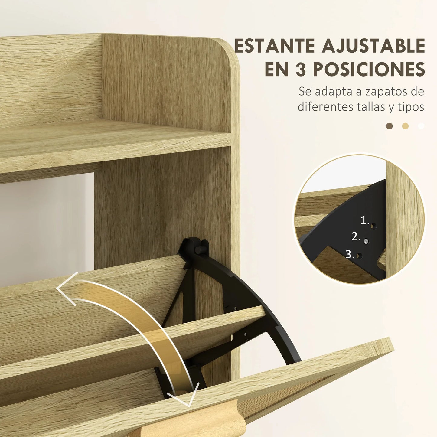 HOMCOM Schuhschrank für den Eingangsbereich im Bohemian-Stil – Schuhschrank für 18 Paar Schuhe mit 2 Klappschubladen und 1 offenen Regal – Schmaler Schuhschrank für Flur 80x24,5x110 cm Eiche