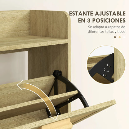 HOMCOM Schuhschrank für den Eingangsbereich im Bohemian-Stil – Schuhschrank für 18 Paar Schuhe mit 2 Klappschubladen und 1 offenen Regal – Schmaler Schuhschrank für Flur 80x24,5x110 cm Eiche