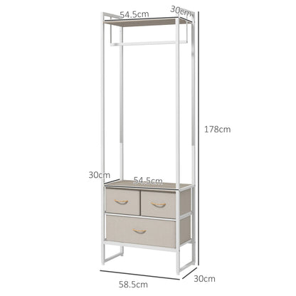 HOMCOM Garderobenständer für Flur mit 3 Stoffschubladen, Kleiderstange und Ablage für Flur, Schlafzimmer, Wohnzimmer 58,5x30x178 cm Natur