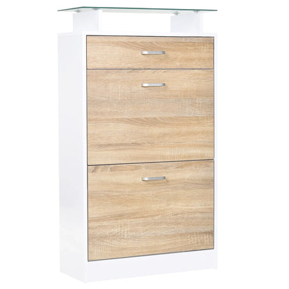 HOMCOM Schuhschrank mit 3 Schubladen, Glasregal und Aluminiumgriff für Flur, 50 kg Belastbarkeit, 60x24x105,5 cm - Natur