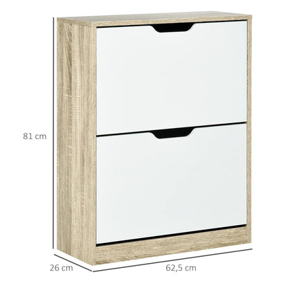 HOMCOM Schuhschrank aus Holz mit 2 Klapptüren und 4 Ablagefächern für 8 Paar Schuhe für Flur, Diele, Schlafzimmer 62,5x26x81 cm Weiß und Natur