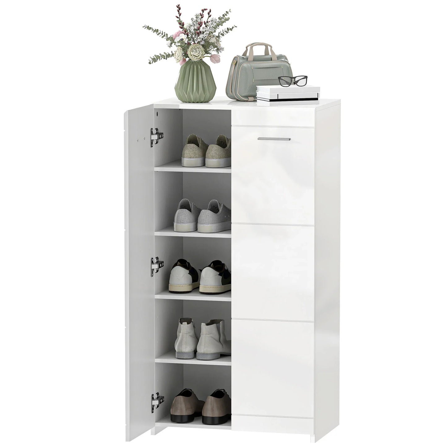HOMCOM Schuhschrank, 2-türig, 5 Ablagen, verstellbare Einlegeböden, fasst 10 Paar, Hochglanzweiß, 55 x 36 x 108 cm