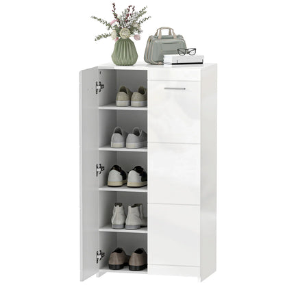 HOMCOM Schuhschrank, 2-türig, 5 Ablagen, verstellbare Einlegeböden, fasst 10 Paar, Hochglanzweiß, 55 x 36 x 108 cm
