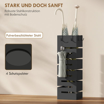 HOMCOM Metall-Schirmständer, quadratisch, mit abnehmbarer Tropfschale & 4 Haken, für Diele, 15,5 x 15,5 x 49 cm, Schwarz