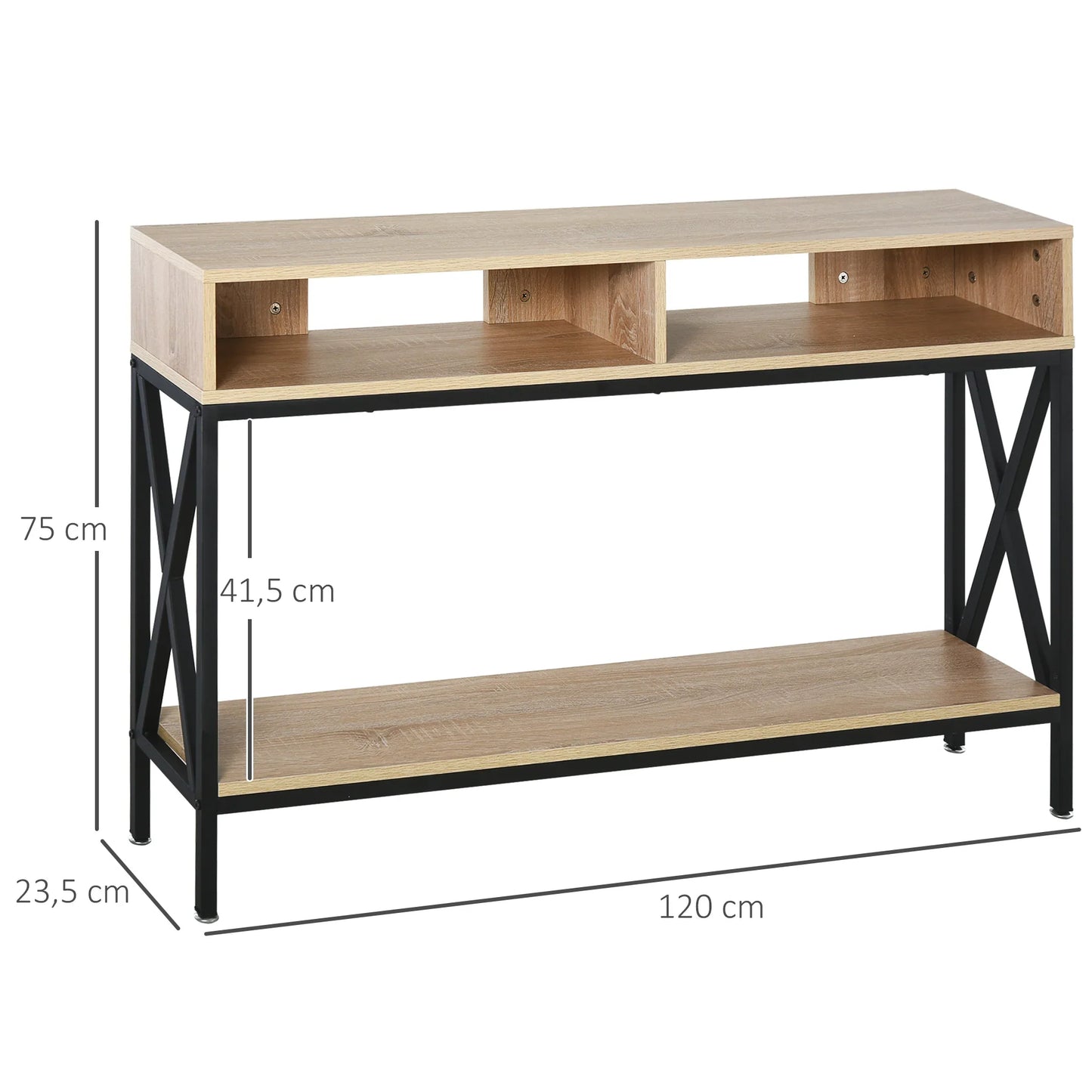 HOMCOM Konsolentisch für den Flur mit 2 Fächern und Ablage 120x23,5x75 cm Eiche und Schwarz
