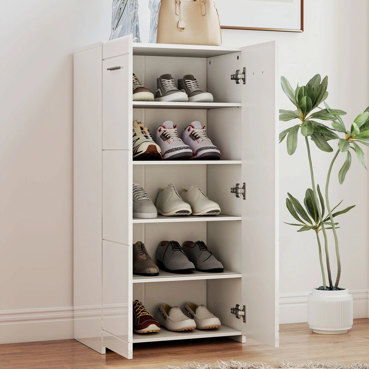 HOMCOM Schuhschrank, 2-türig, 5 Ablagen, verstellbare Einlegeböden, fasst 10 Paar, Hochglanzweiß, 55 x 36 x 108 cm