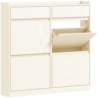 HOMCOM Schmaler Schuhschrank mit 4 Klapptüren – Schuhaufbewahrung mit 2 Schubladen für 8 Paare Schuhe, ideal für den Flur - 98x19,2x95,3 cm Weiß