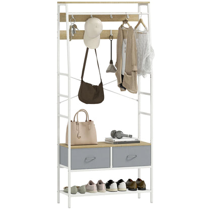 HOMCOM Garderobe mit Schuhregal – Eingangsbereich Garderobe mit Schuhregal, 8 Haken, 2 Stoffschubladen, Maschenregal im industriellen Stil für hängende Kleidung – Flur, Schlafzimmer, Wohnzimmer 80x30x180,5 cm Natur