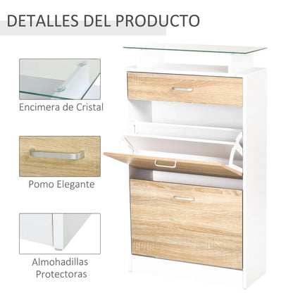 HOMCOM Schuhschrank mit 3 Schubladen, Glasregal und Aluminiumgriff für Flur, 50 kg Belastbarkeit, 60x24x105,5 cm - Natur