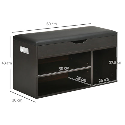 HOMCOM Gepolsteter Schuhschrank für den Eingangsbereich, Schuhschrank mit Schuhregal, 3 Fächer, Sitzfläche aus PU-Leder, für Wohn- und Flurbereich, 80x30x43 cm, Schwarz