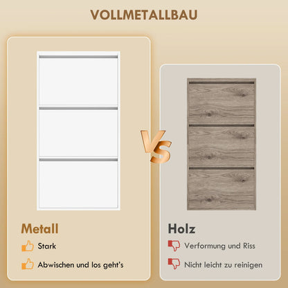 HOMCOM Metall-Schuhschrank mit 3 Klappen — schlanker wandmontierter Schuhschrank für 6 Paar, 55 x 15 x 105,5 cm, Weiß
