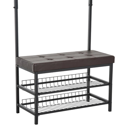 HOMCOM Kleiderständer mit 5 Haken und Schuhbank mit 2 Ebenen, Metallkleiderständer für Flur, Schlafzimmer, 72,5 x 35 x 180 cm