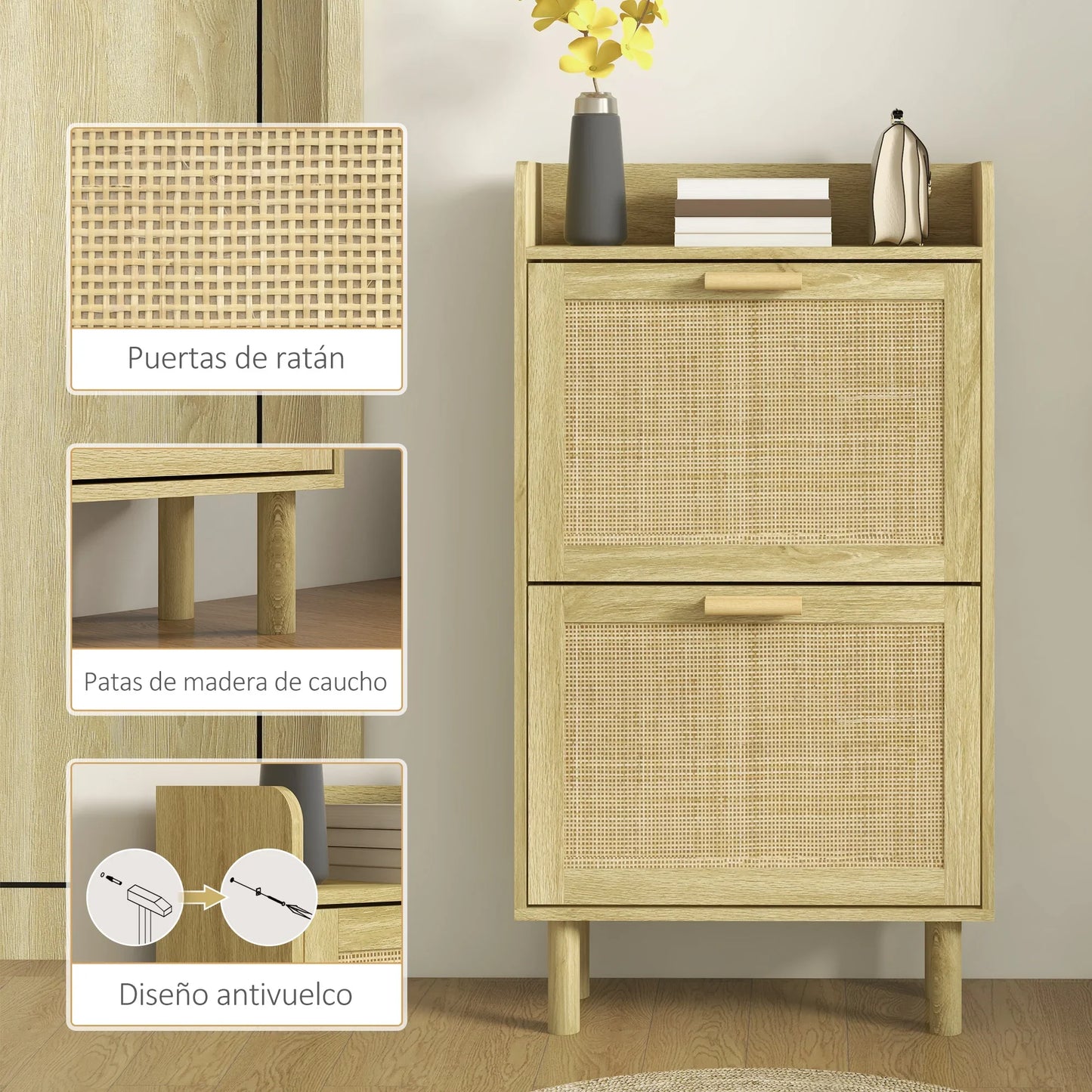 HOMCOM Schuhschrank für den Eingangsbereich im Bohemian-Stil – Schuhschrank für 18 Paar Schuhe mit 2 Klappschubladen und 1 offenen Regal – Schmaler Schuhschrank für Flur 80x24,5x110 cm Eiche