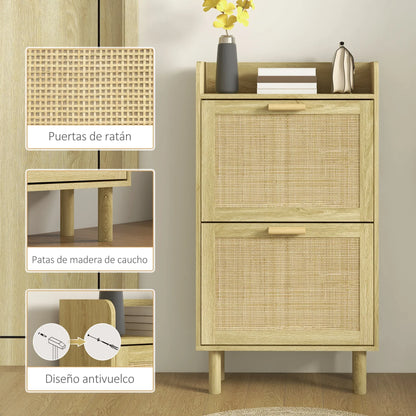 HOMCOM Schuhschrank für den Eingangsbereich im Bohemian-Stil – Schuhschrank für 18 Paar Schuhe mit 2 Klappschubladen und 1 offenen Regal – Schmaler Schuhschrank für Flur 80x24,5x110 cm Eiche