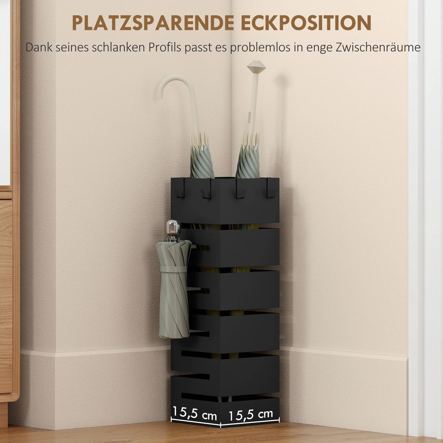 HOMCOM Metall-Schirmständer, quadratisch, mit abnehmbarer Tropfschale & 4 Haken, für Diele, 15,5 x 15,5 x 49 cm, Schwarz