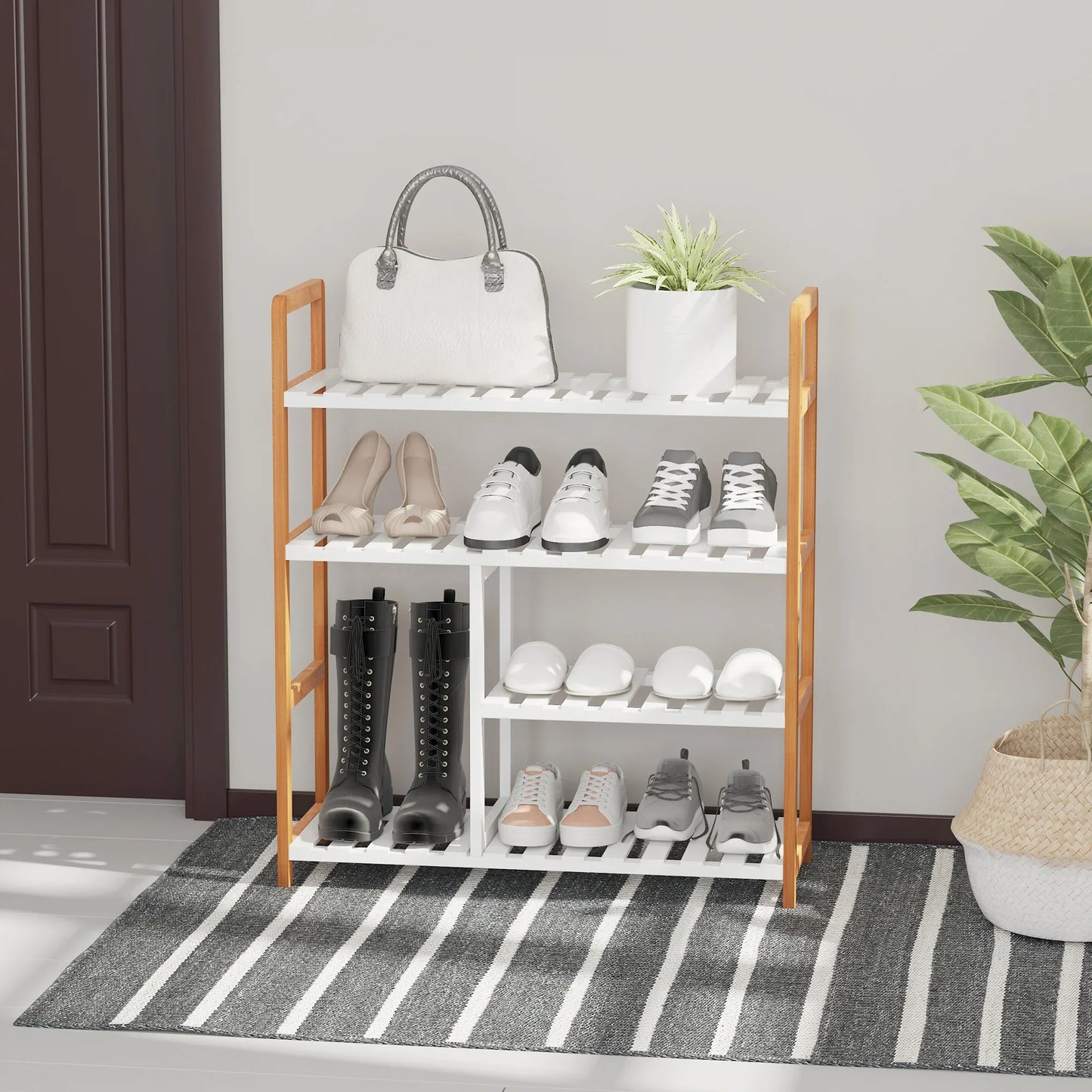 HOMCOM Schuhregal mit 4 Ebenen für bis zu 11 Paar Schuhe und Fach für hohe Stiefel aus massivem Kiefernholz 68x26x78 cm Weiß