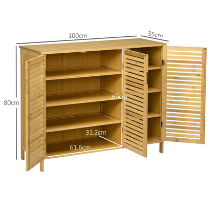 HOMCOM Schuhschrank aus Bambus für den Eingangsbereich mit 3 Lamellentüren und verstellbaren Regalen für 16 Paare von Schuhen, 100x35x80 cm Natur