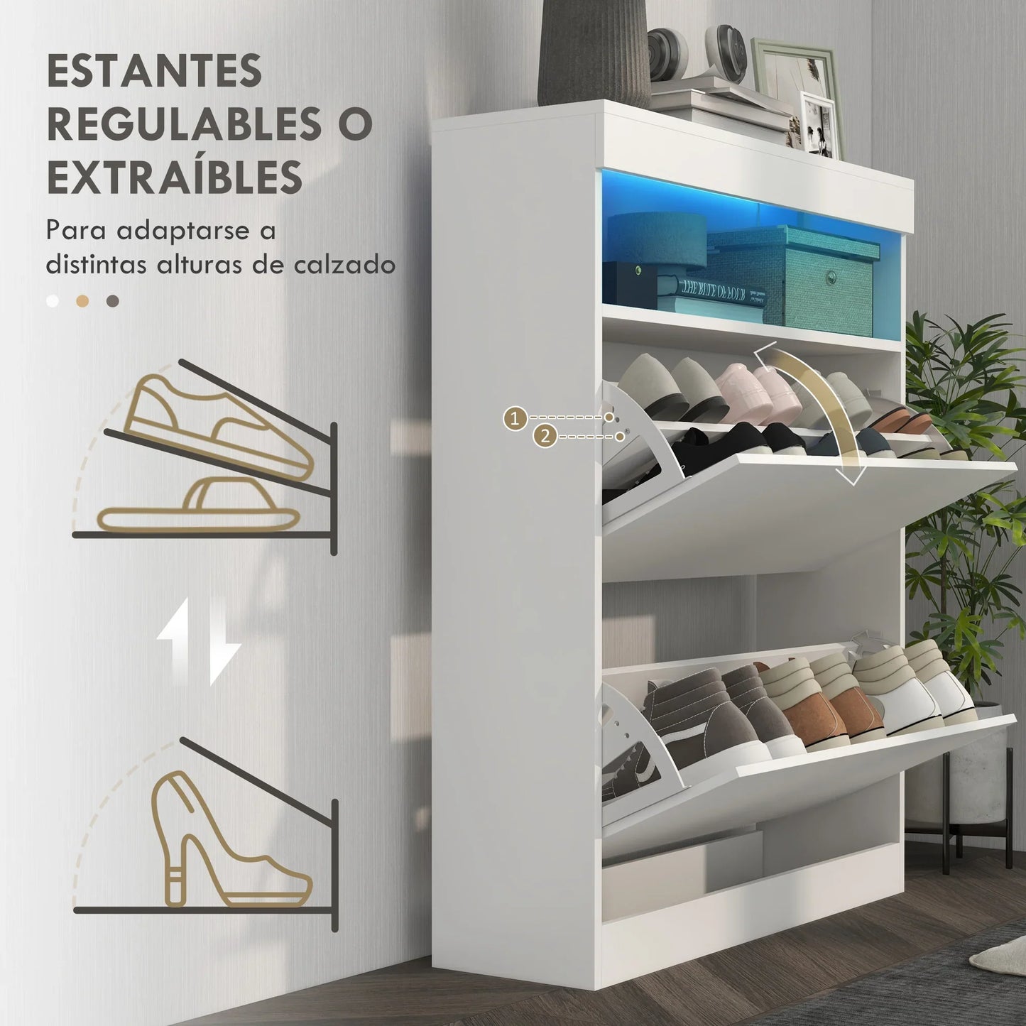 HOMCOM Schuhschrank für den Eingangsbereich, Wandschrank oder freistehend mit LED-Lichtern, offenes Regal und 2 klappbaren Schubladen für 12-16 Paare Schuhe, 80x24x99,5 cm, Hellweiß