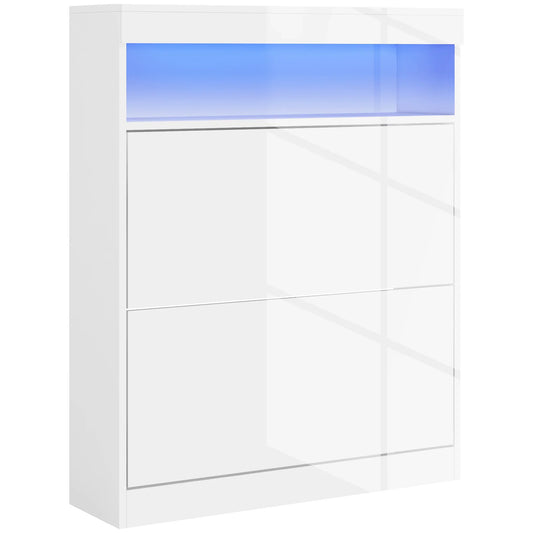 HOMCOM Schuhschrank für den Eingangsbereich, Wandschrank oder freistehend mit LED-Lichtern, offenes Regal und 2 klappbaren Schubladen für 12-16 Paare Schuhe, 80x24x99,5 cm, Hellweiß