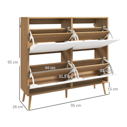 HOMCOM Schuhschrank mit 4 Klappen und verstellbaren Regalen, Schuhaufbewahrungsschrank für 16 Paar Schuhe, schmaler Schuhregal für den Eingangsbereich 95x26x95 cm Naturholz