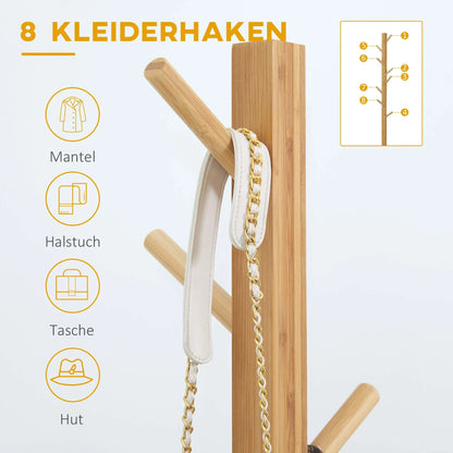 HOMCOM Kleiderständer mit 8 Haken, Bambus Kleiderständer für Schlafzimmer, Ausstellungen, Waschraum, Naturholz
