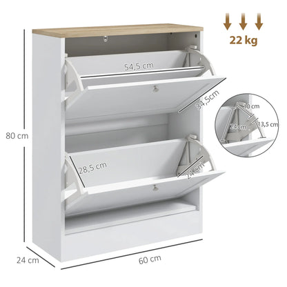 HOMCOM Schuhschrank für 12 Paare, schmaler Schuhaufbewahrungsschrank, modernes Möbelstück für den Eingangsbereich mit 2 Klappschubladen und verstellbaren Regalen, für Flur und Eingangsbereich, 60 x 24 x 80 cm, Weiß