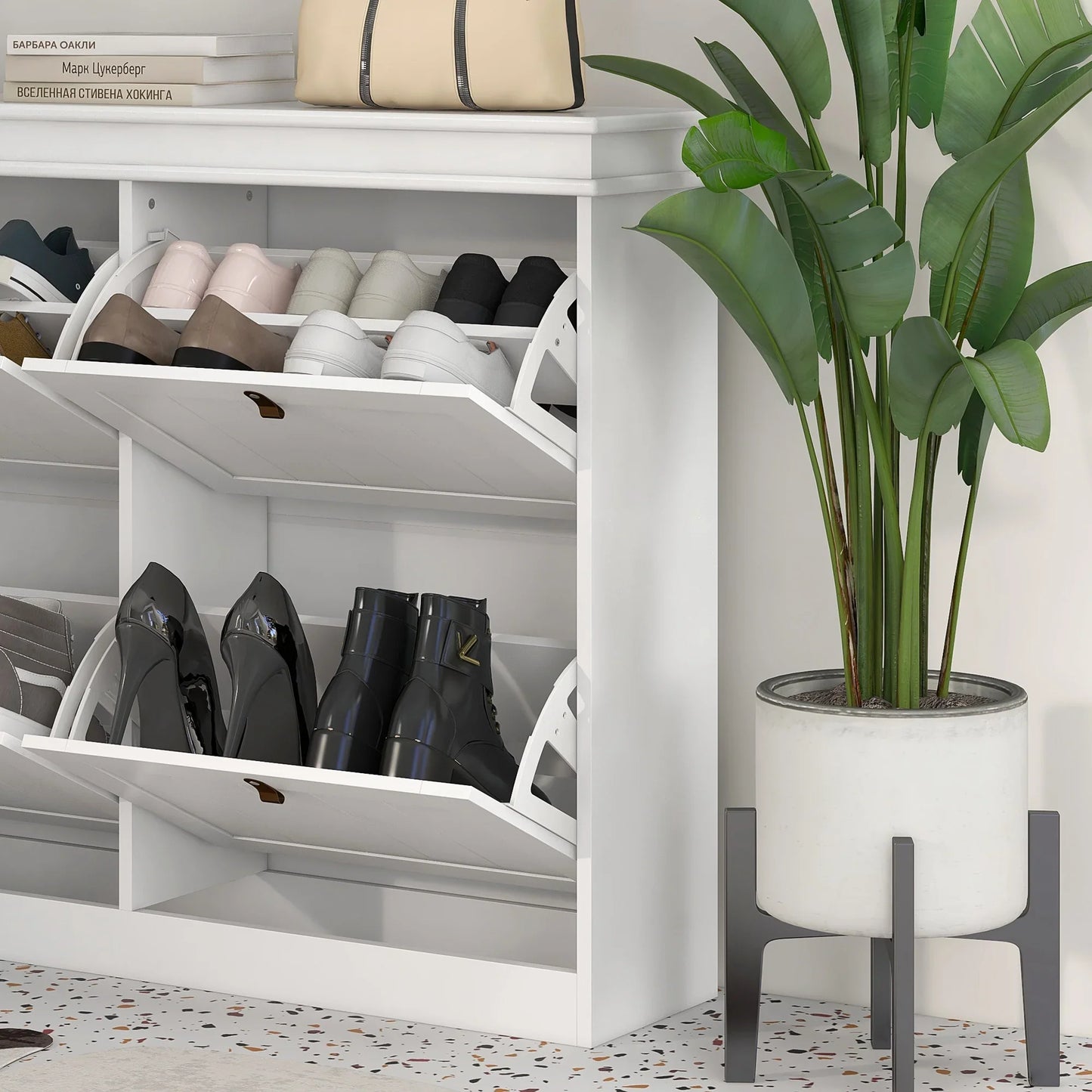 HOMCOM Weißer Schuhschrank Slim Schuhregal mit 4 Klapptüren und verstellbaren Regalen für 20 Paare Schuhe, Kippschutz für Eingangsbereich Flur 105x24x82,5 cm