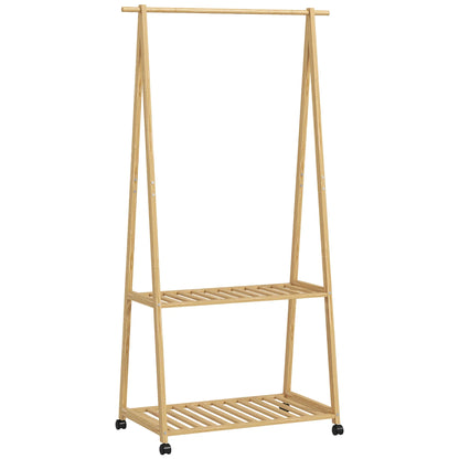 HOMCOM Bambus Kleiderständer mit Rollen, 2 offenen Regalen und 2 Haken, Kleiderständer für Eingangsbereich, Flur, Schlafzimmer 84,5x43,5x158 cm Natur