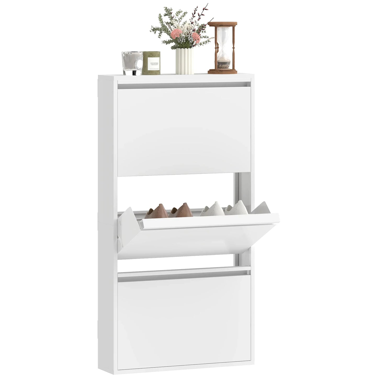 HOMCOM Metall-Schuhschrank mit 3 Klappen — schlanker wandmontierter Schuhschrank für 6 Paar, 55 x 15 x 105,5 cm, Weiß