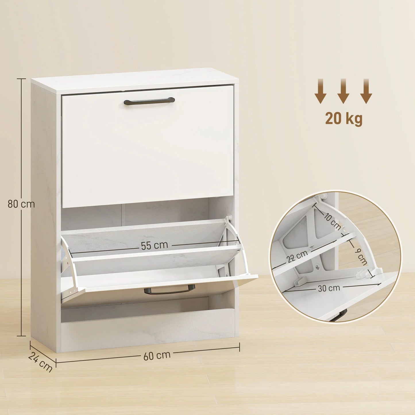 HOMCOM schmaler Schuhschrank mit 2 Hochglanz‑Klapp­türen, verstellbaren Einlegeböden, Marmor‑Design, für bis zu 8 Paar – Weiß (60 x 24 x 80 cm)