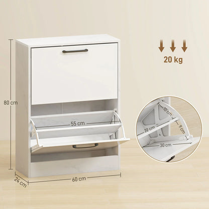 HOMCOM schmaler Schuhschrank mit 2 Hochglanz‑Klapp­türen, verstellbaren Einlegeböden, Marmor‑Design, für bis zu 8 Paar – Weiß (60 x 24 x 80 cm)
