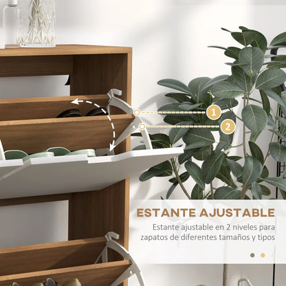 HOMCOM Schuhschrank mit 4 Klappen und verstellbaren Regalen, Schuhaufbewahrungsschrank für 16 Paar Schuhe, schmaler Schuhregal für den Eingangsbereich 95x26x95 cm Naturholz