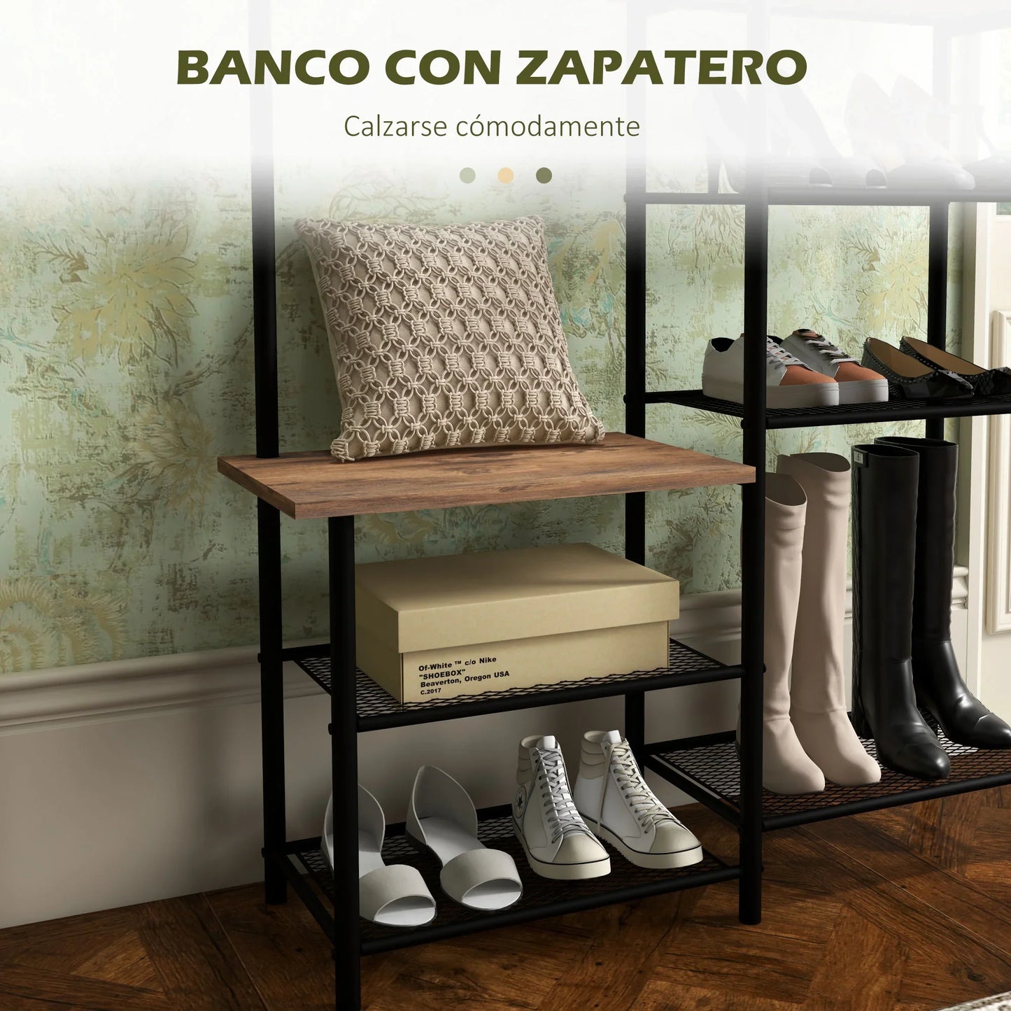 HOMCOM Garderobenständer mit Schuhregal und 5 Regalen - Garderobenständer mit 6 Haken zum Aufhängen von Taschen und Kleidung im Industrie-Design 92,5x28,2x182 cm Rustikal Braun