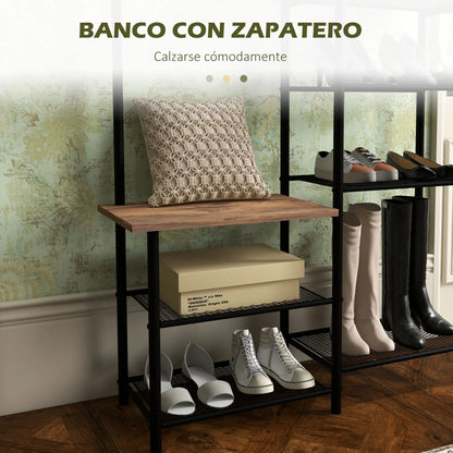 HOMCOM Garderobenständer mit Schuhregal und 5 Regalen - Garderobenständer mit 6 Haken zum Aufhängen von Taschen und Kleidung im Industrie-Design 92,5x28,2x182 cm Rustikal Braun