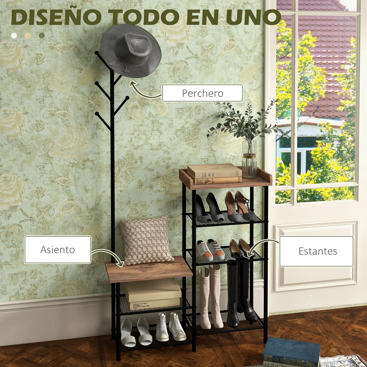 HOMCOM Garderobenständer mit Schuhregal und 5 Regalen - Garderobenständer mit 6 Haken zum Aufhängen von Taschen und Kleidung im Industrie-Design 92,5x28,2x182 cm Rustikal Braun