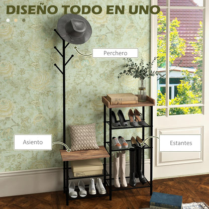 HOMCOM Garderobenständer mit Schuhregal und 5 Regalen - Garderobenständer mit 6 Haken zum Aufhängen von Taschen und Kleidung im Industrie-Design 92,5x28,2x182 cm Rustikal Braun