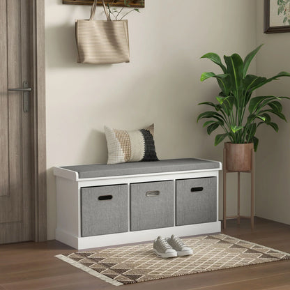 HOMCOM Schuhbank für den Eingangsbereich mit 3 Schubladen, Schuhaufbewahrungsbank mit Holz- und Stoffbezug, Schuhregal für 3 Paar Schuhe, Wohnzimmer und Flur, 105x35x47 cm, Weiß