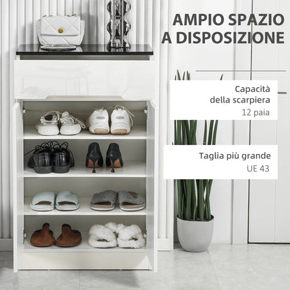 HOMCOM Slim Schuhschrank für bis zu 12 Paare Schuhe für Eingänge und Flure mit 3 verstellbaren Regalen und Schublade aus glänzendem Spanplattenwerkstoff, 60x32x100 cm