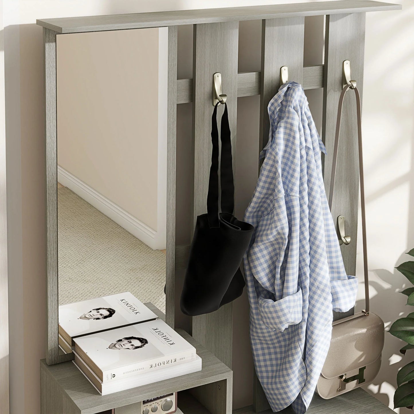 HOMCOM 4-in-1 Flurmöbel Set mit Garderobe, Spiegel, Sitzbank mit Regal und Schuhregal für 8 Paar Schuhe, Grau