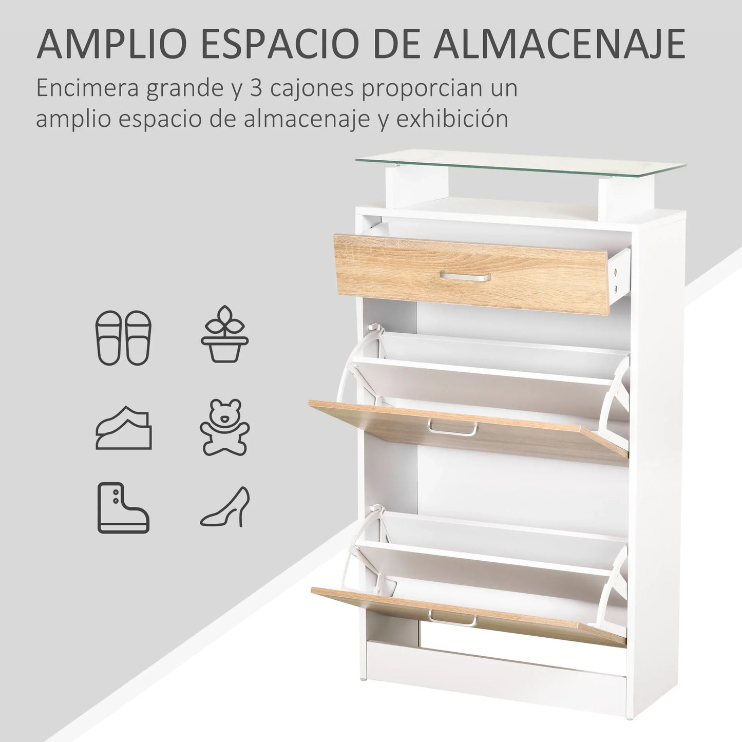 HOMCOM Schuhschrank mit 3 Schubladen, Glasregal und Aluminiumgriff für Flur, 50 kg Belastbarkeit, 60x24x105,5 cm - Natur