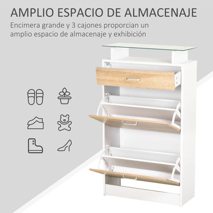 HOMCOM Schuhschrank mit 3 Schubladen, Glasregal und Aluminiumgriff für Flur, 50 kg Belastbarkeit, 60x24x105,5 cm - Natur