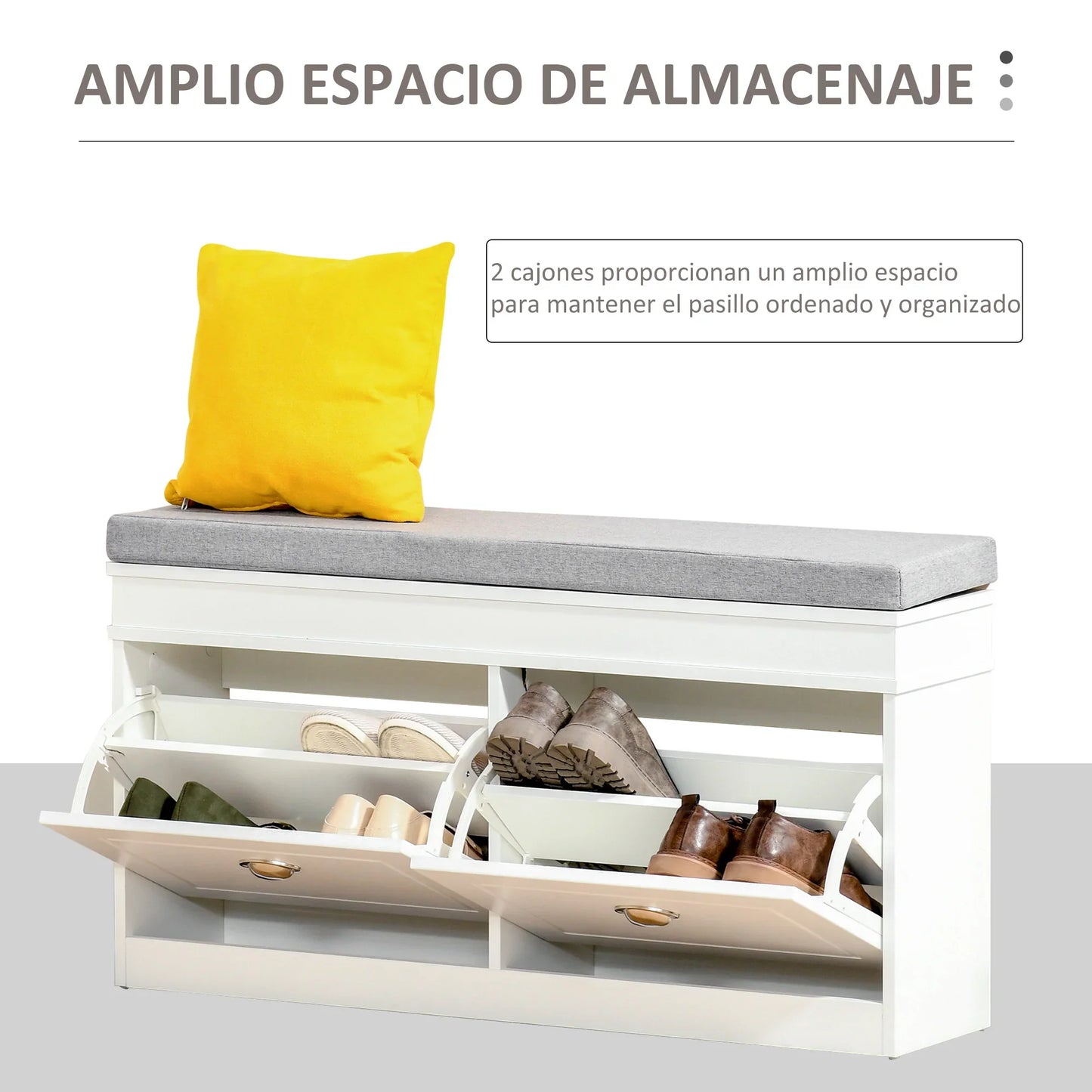 HOMCOM Schuhbank Schuhaufbewahrung für 8 Paare Schuhe mit 2 Schubladen, verstellbaren Regalen und gepolstertem Sitzkissen für Eingangsbereich Flur 104x24x55 cm Weiß